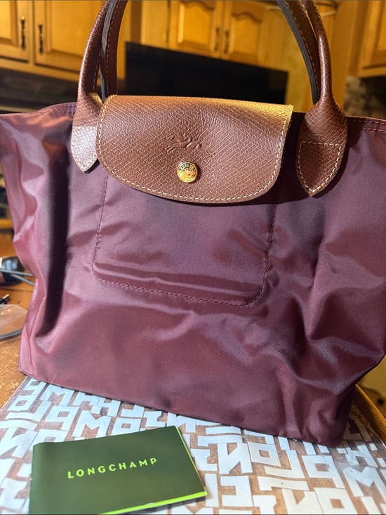 Longchamp Handbags - Longchamp Le Pliage Burgundy Tote with Brown Leather Trim